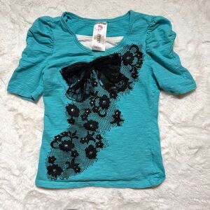 Beautees aqua shirt with a black lace overlay and bow detail
